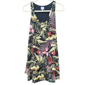 Cupio Black Tropical Floral Sleeveless Dress Tiered Hem S Breezy Flowy Womens